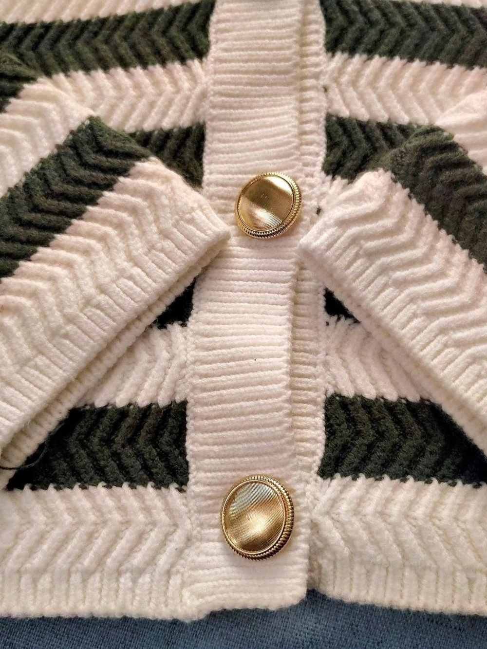 Ann Taylor Striped Crewneck Cardigan in Green and Cream - Picture 4 of 7